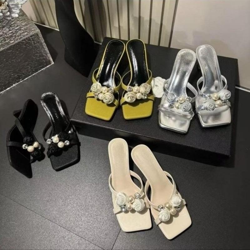 Pearl Flower Open Toe High Heel Slippers Women's Outside Wear New Summer Fashion Square Toe Block Heel Cool Mopping