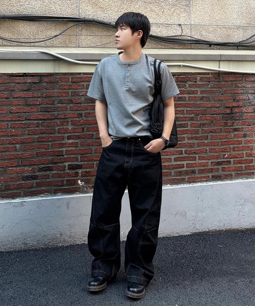 BLOND9 Henley Neck Oversized Short Sleeve T-Shirt_Gray