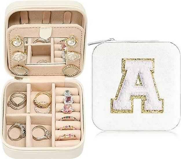 Large Capacity Jewelry Box for Stud Earrings and Rings - Portable Leather Storage with Letter Design