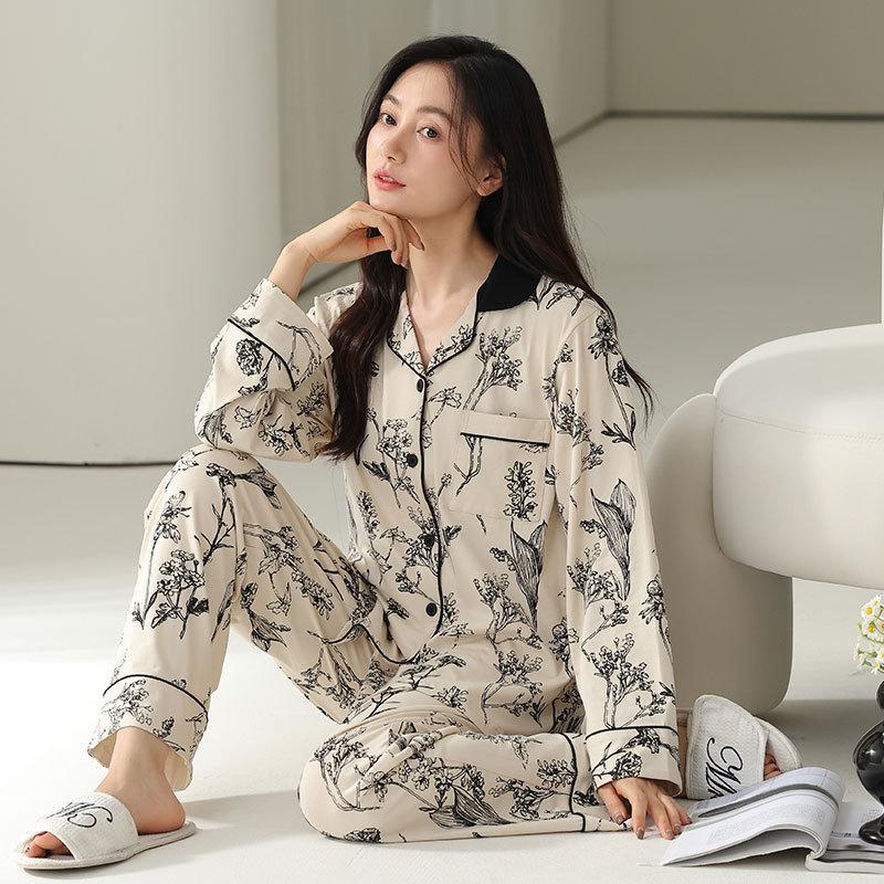 Pajamas Women's Spring and Autumn Pure Cotton Long-sleeved New Floral Thin Mother Advanced Sense Can Be Worn Outside Cool Cotton Suit
