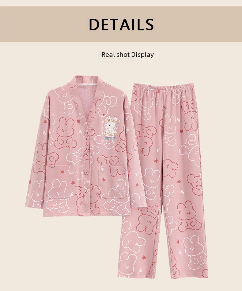 Girls' Cotton Kimono Pajama Set - Long-Sleeve Cardigan & Trousers with Cute Cartoon Design for Spring and Autumn