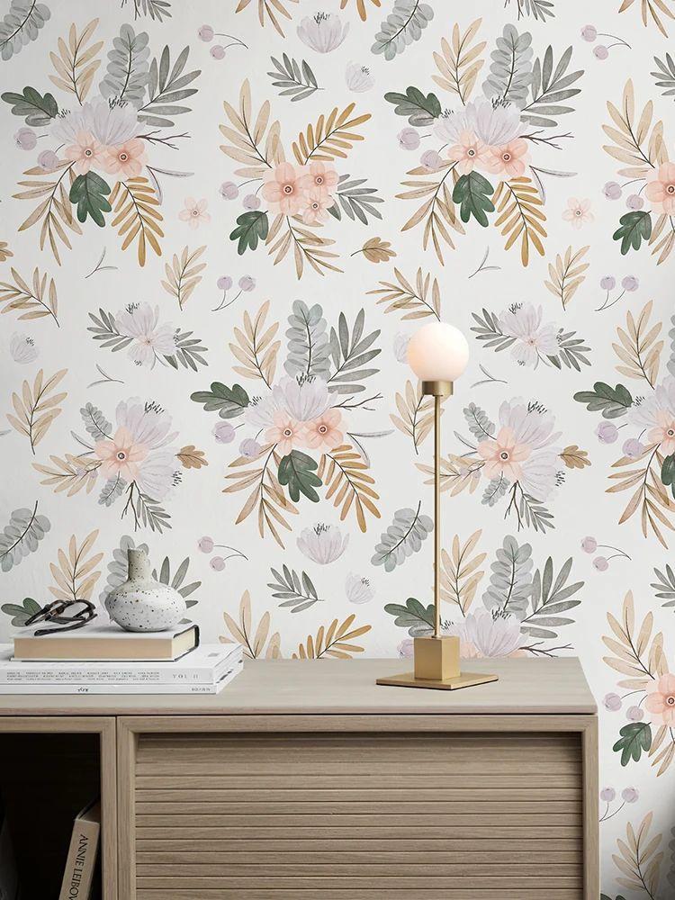 Watercolor Green Leaf Wallpaper Retro Peel And Stick Home Decor Contact Paper Classic Warm White Vinyl Removable Wallpaper