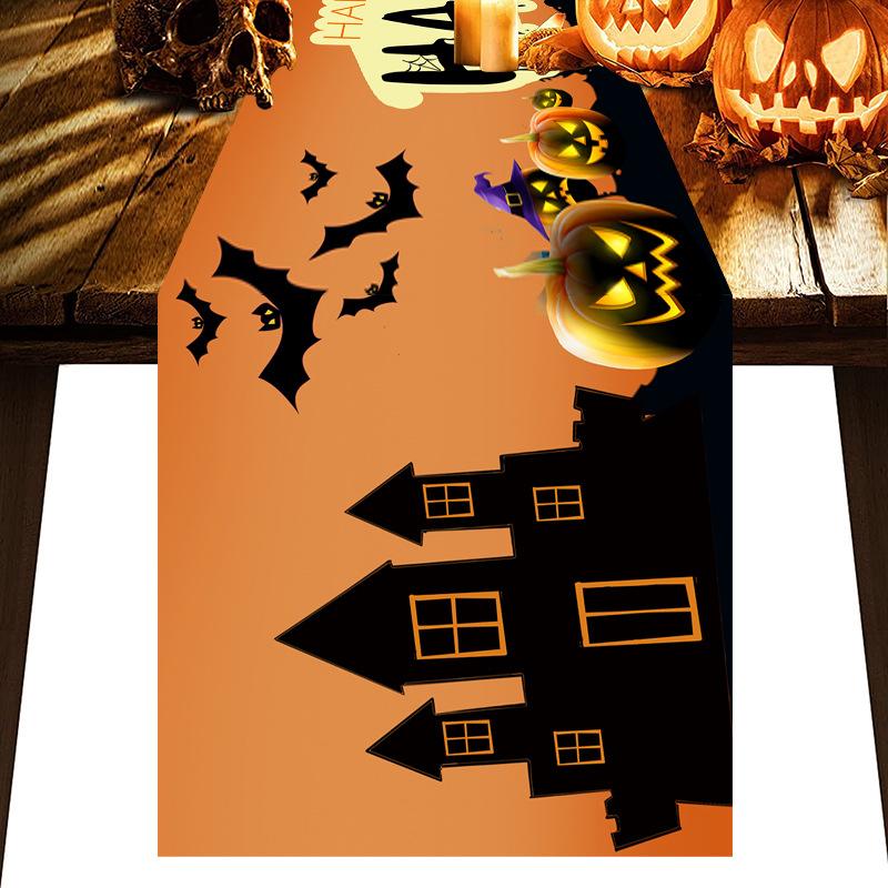 1pc Halloween Table Runner Witch Sunset Skull Bat Castle Table Runner Durable Tablecloth for Halloween Dinning Room Decoration