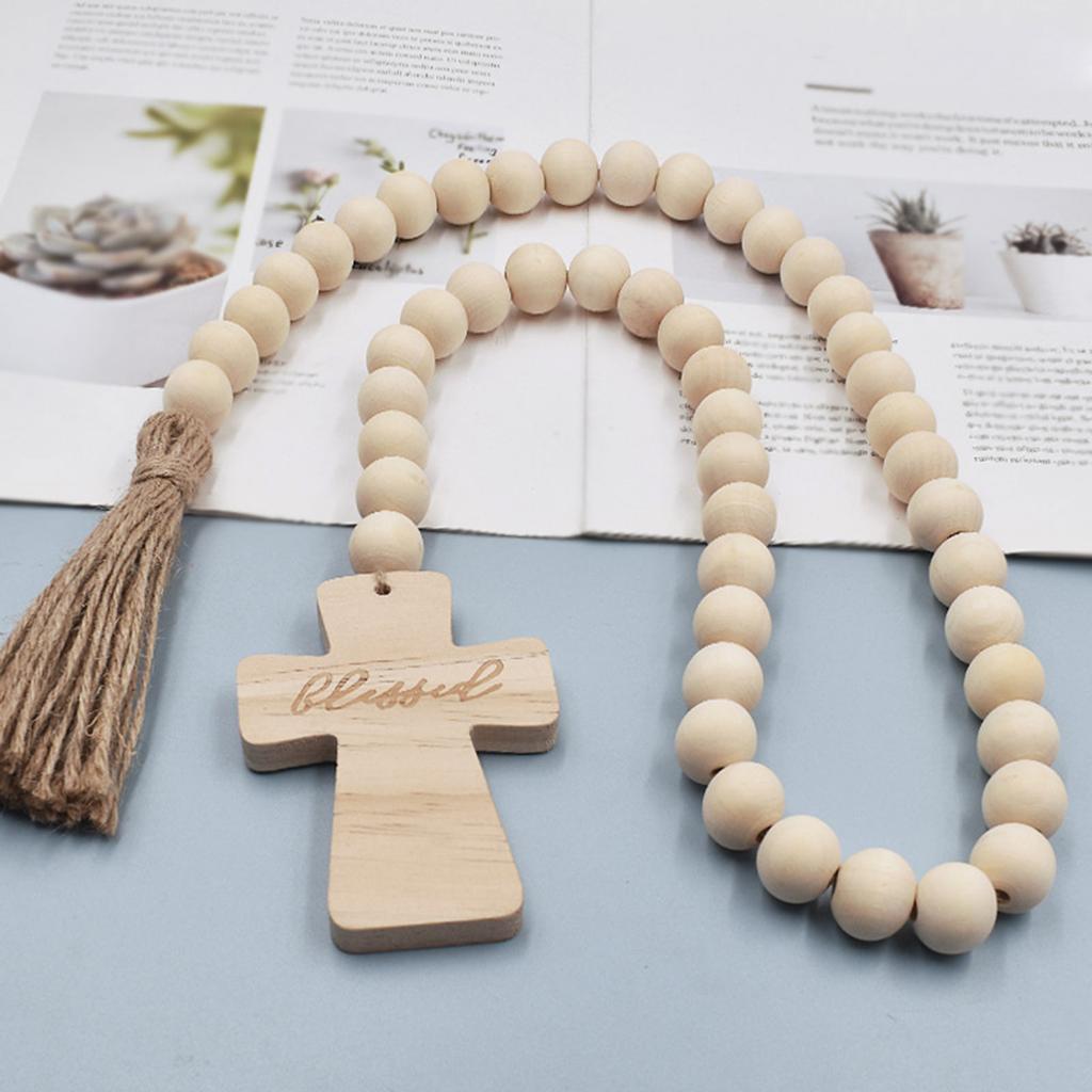 Cross Wood Bead Garlands with Tassels Decorative Ornament Household for Wedding New Year Festival Party Supplies