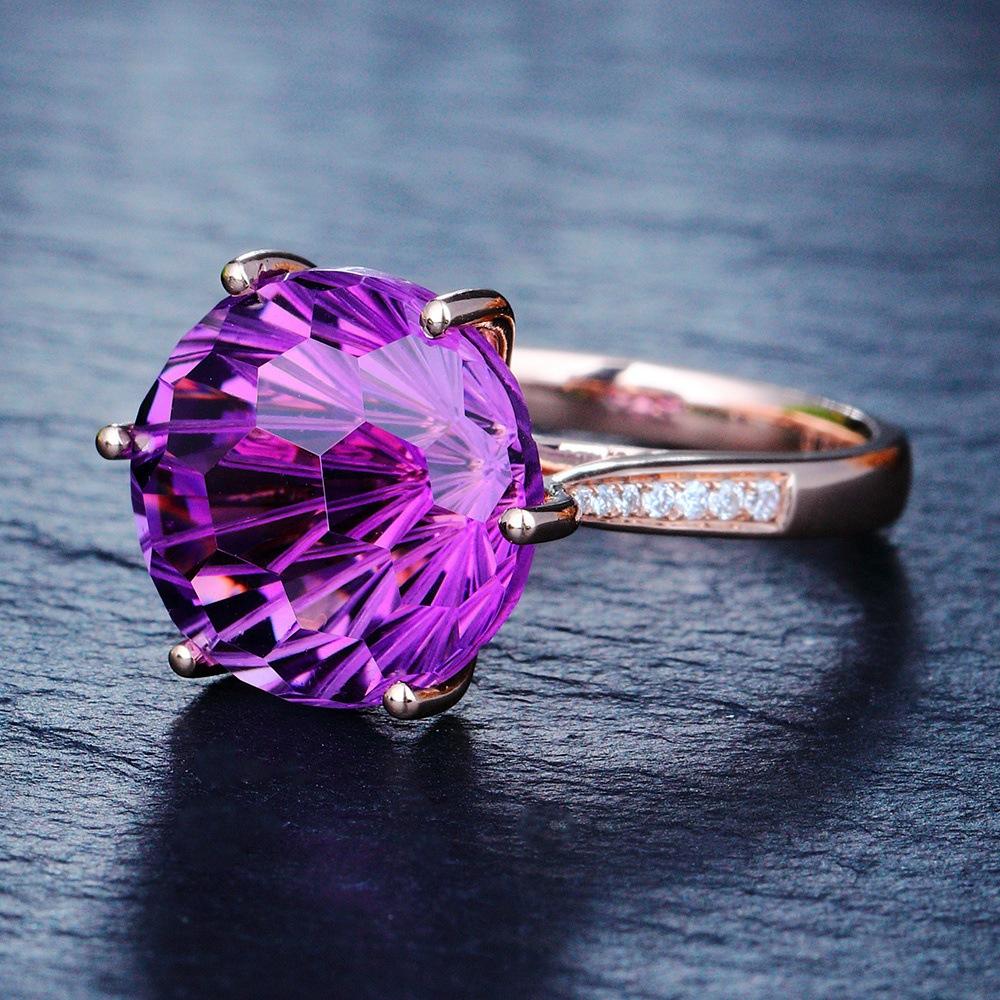 18K Rose Gold Colored Natural Amethyst Ring with Six Claws Temperament, Colored Gemstone Diamond Style Ring, Open Ring