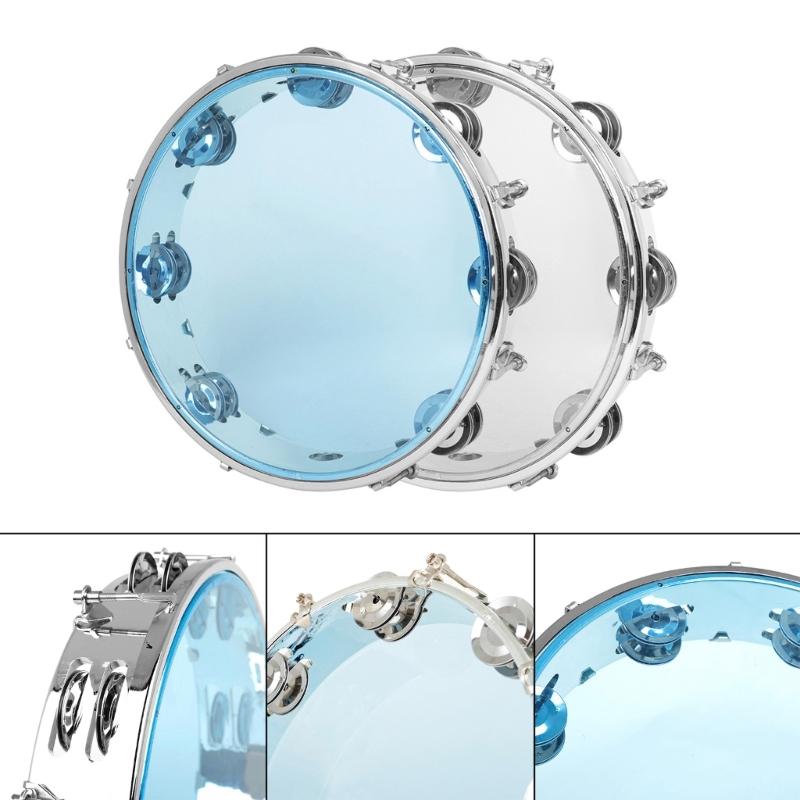 10Inch Double Row Tambourine Round Musical Tambourine Metal Bells Hand Held Percussion Drum with Ergonomic Handle Grip