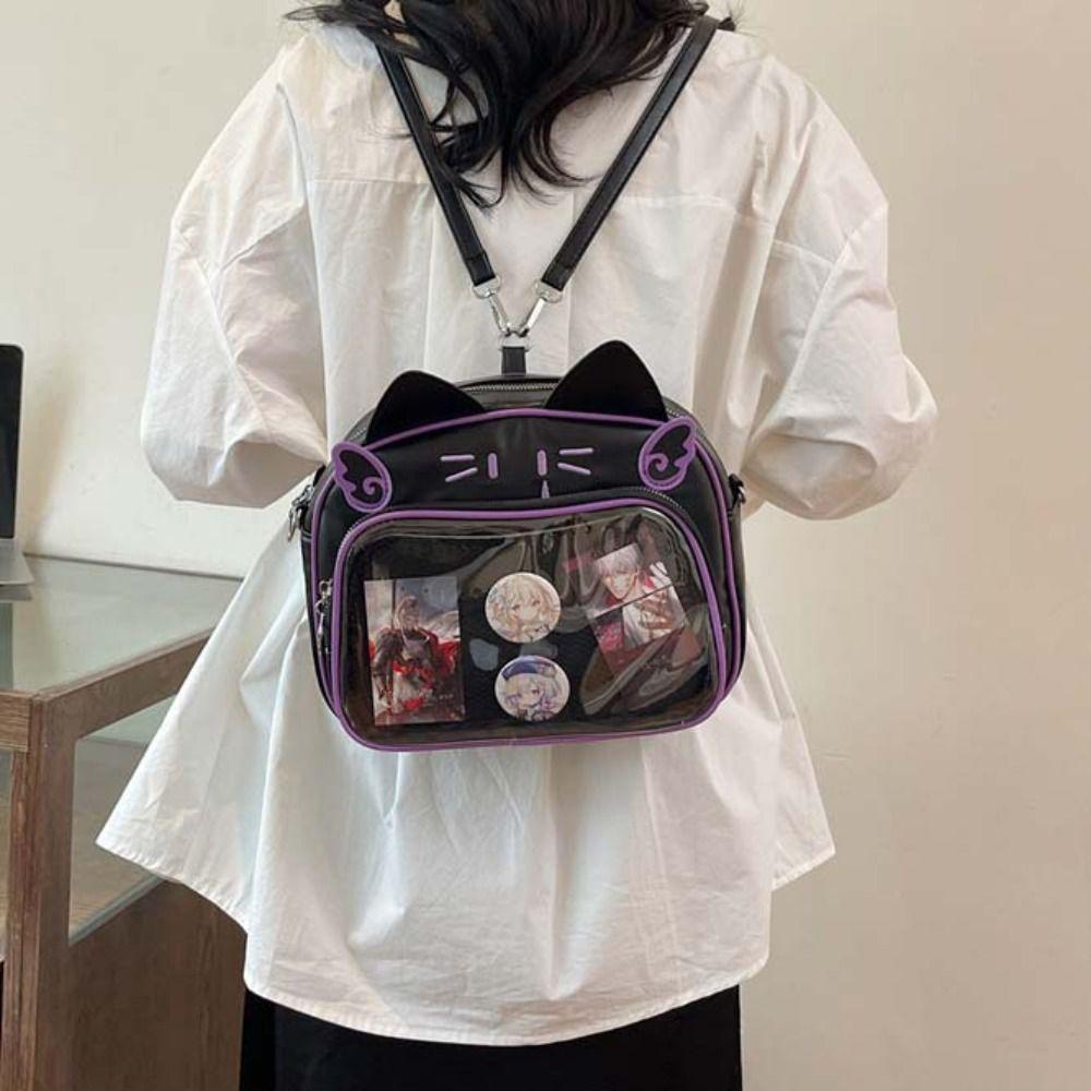 

PU Прозрачный Карманный Молния Сумка Модные Рюкзаки Мешок Сумка Kawaii Cat Itabag Girl чёрный