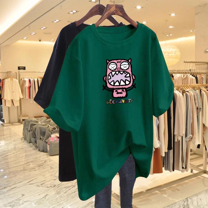 Women's Retro Cartoon Print Loose T-Shirt - Mid-Length, Round Neck, Short Sleeve, Oversized Summer Top