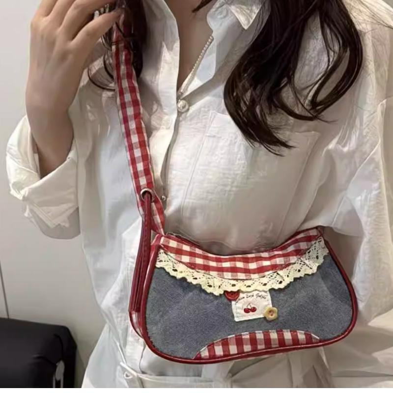 Korean Color-blocked Handbag Red Plaid Denim Patchwork Shoulder Bag Y2k Lace Crossbody Bag Sweet Girl Zipper Small Square Bag