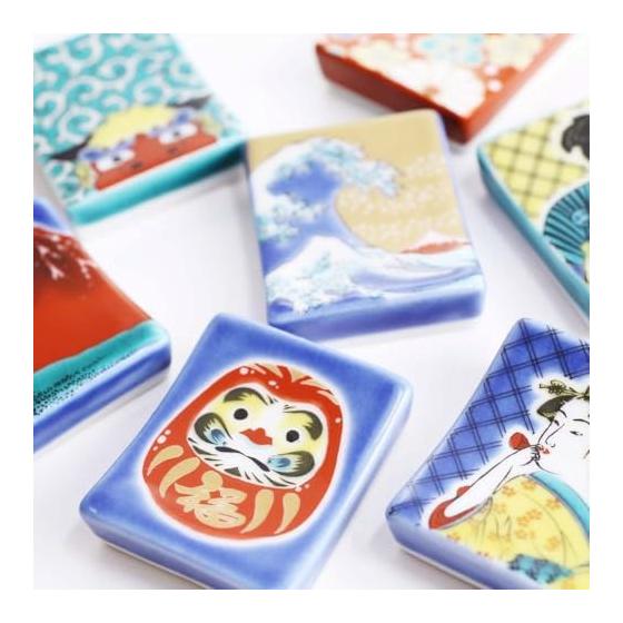 Japanese Kutani Ware Porcelain Chopstick Rests with Pouch - Daruma Design, Hokuriku Traditional Craft, Artistic Gift