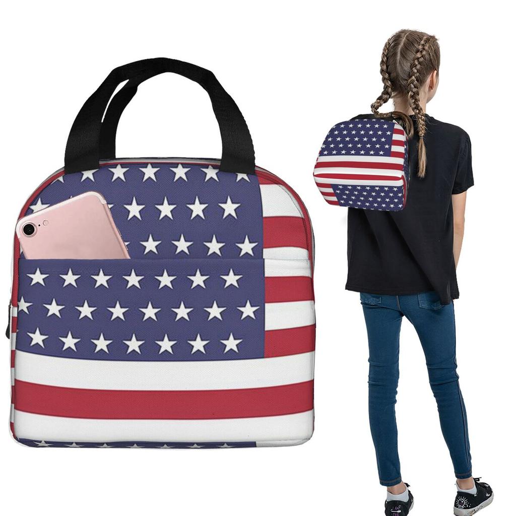 American Flag Graphic Design Insulated Lunch Bag for Women Kids Portable Food Boxes Thermal Lunch Box Tote