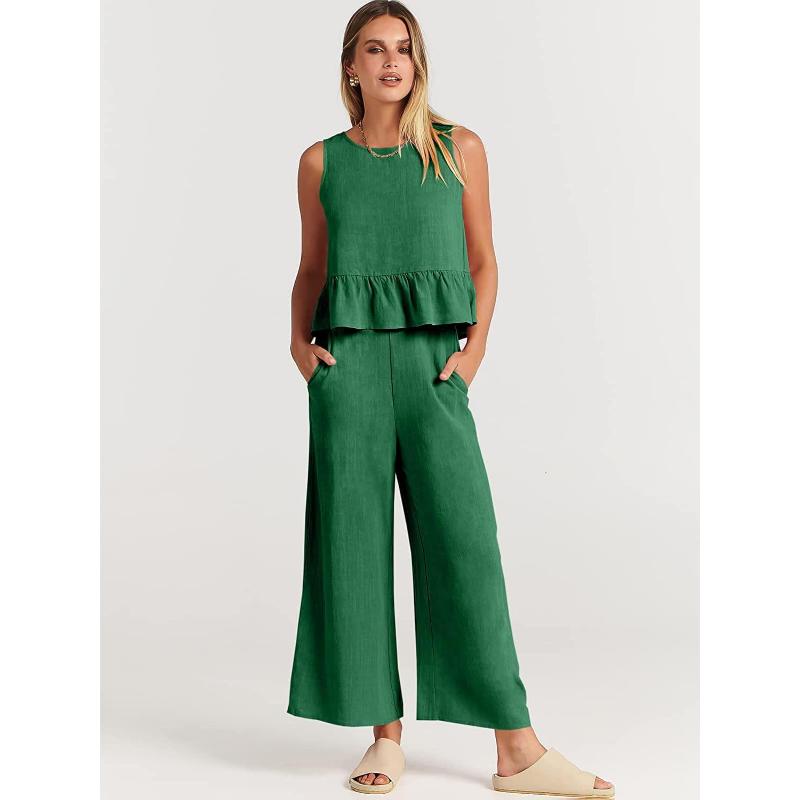 Women's Summer 2 Piece Outfits Sleeveless Pleated Ruffle Tank Top Wide Leg Cropped Pants Casual Loose Linen Matching Set with Pockets