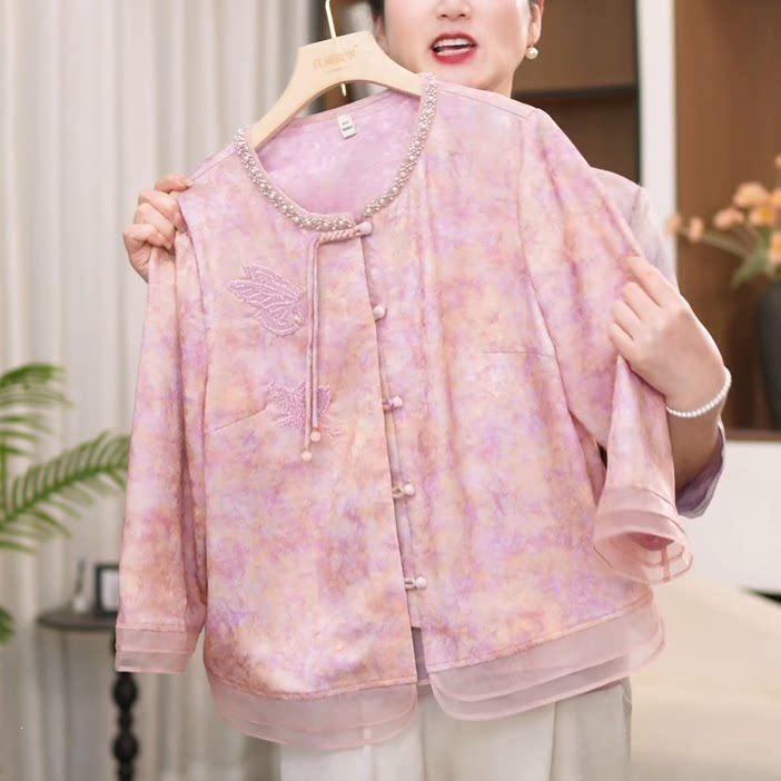 

New Arrival Purple Jacquard Frog Button Top - Elegant Spring Wear for Middle-Aged and Older Women XL (85-105 kg)