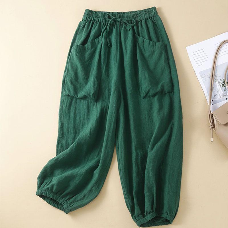 Women's Cotton Linen Harem Pants with Elastic Waist and Pockets