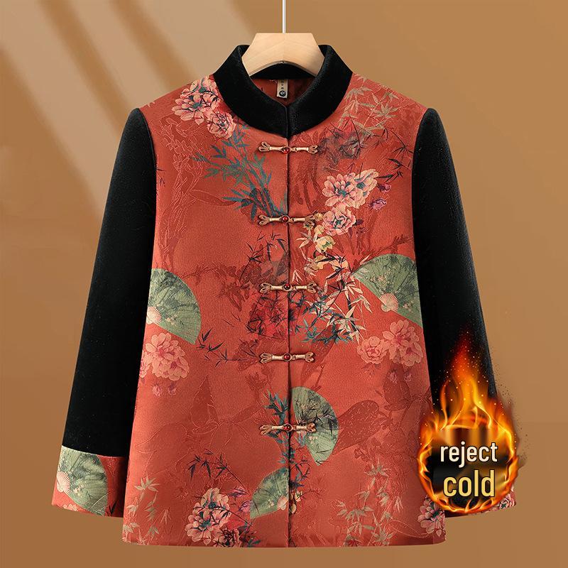 

Grandma s Velvet-Lined Winter Jacket: Elegant Chinese Style for Women 60-70, Warm Stand Collar Cotton Coat 4XL помаранчевий