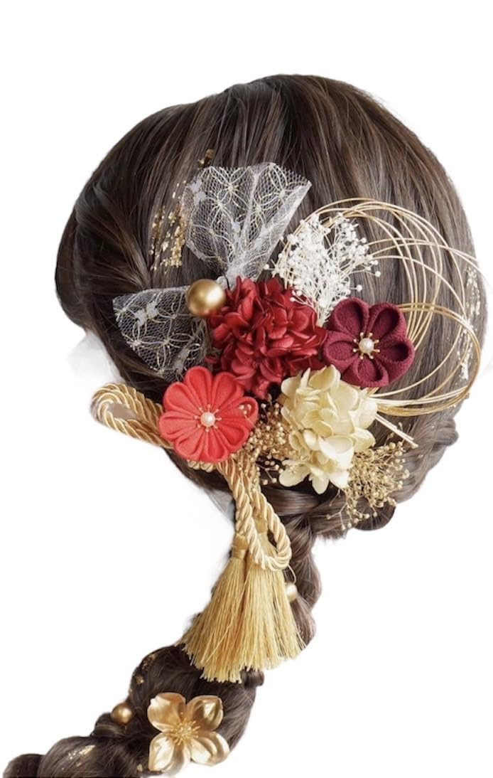 

Lomeri Colors Chirimen Hair Set Perfect for and Furisode Kimono [8 Available] Tsumami-zaiku Ornaments, 14-Piece (Red) N1, Coming-of-Age Ceremonies,