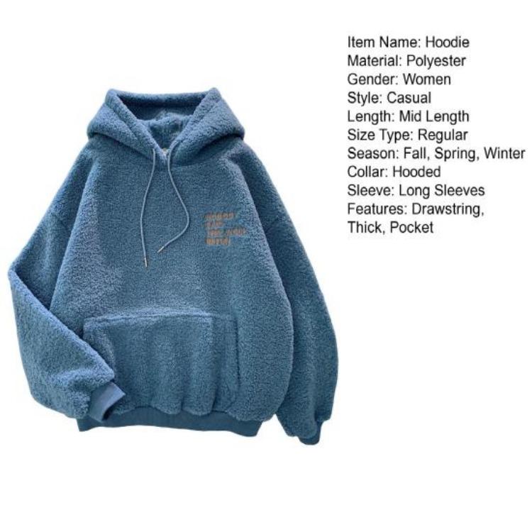 Fleece Pullover Top Warm Loose Women Long Sleeves Thick Drawstring Cuff Elastic Letter Patch Pocket Embroidery Fall