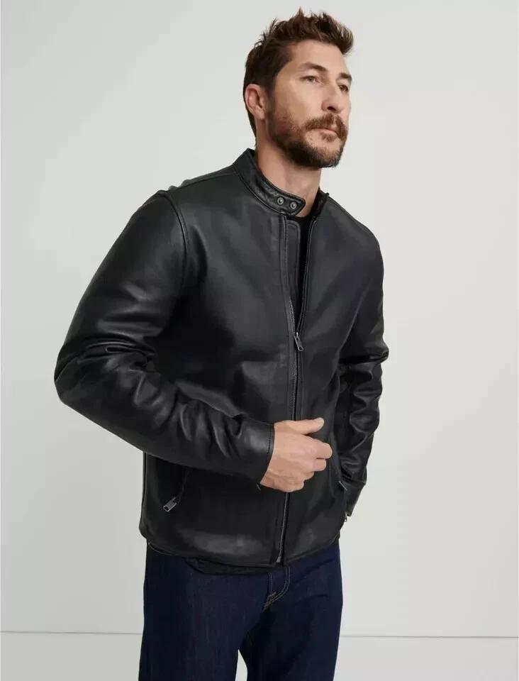 

New Men Jacket Black Stylish Leather Handmade Genuine Lambskin Motorcycle Warm Soft 3XL чёрный