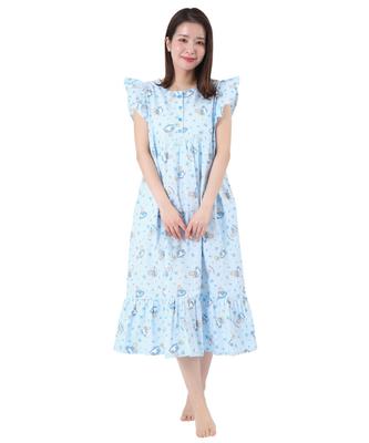 SAZAC Marron Cream Cotton Flower Marron Cream Women's One-Piece Nightgown, 100% Broadcloth, Button-Front Pajamas, Loungewear, (Sax/M-L/SAN1802)