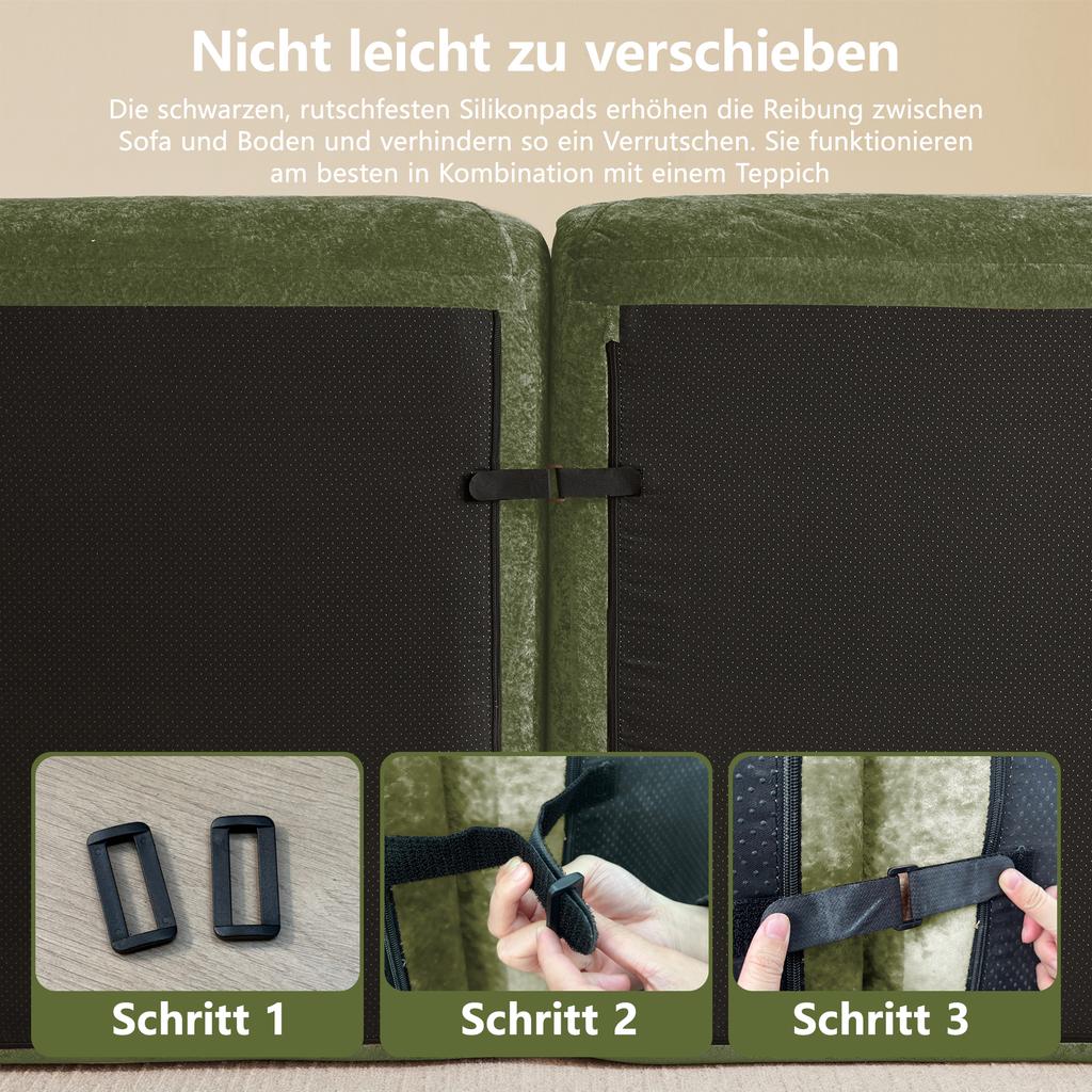Modular sofa, 2-seater sofa with ottoman, high-density 32D foam, suitable for living room, pet-friendly chenille fabric, non-slip design, green