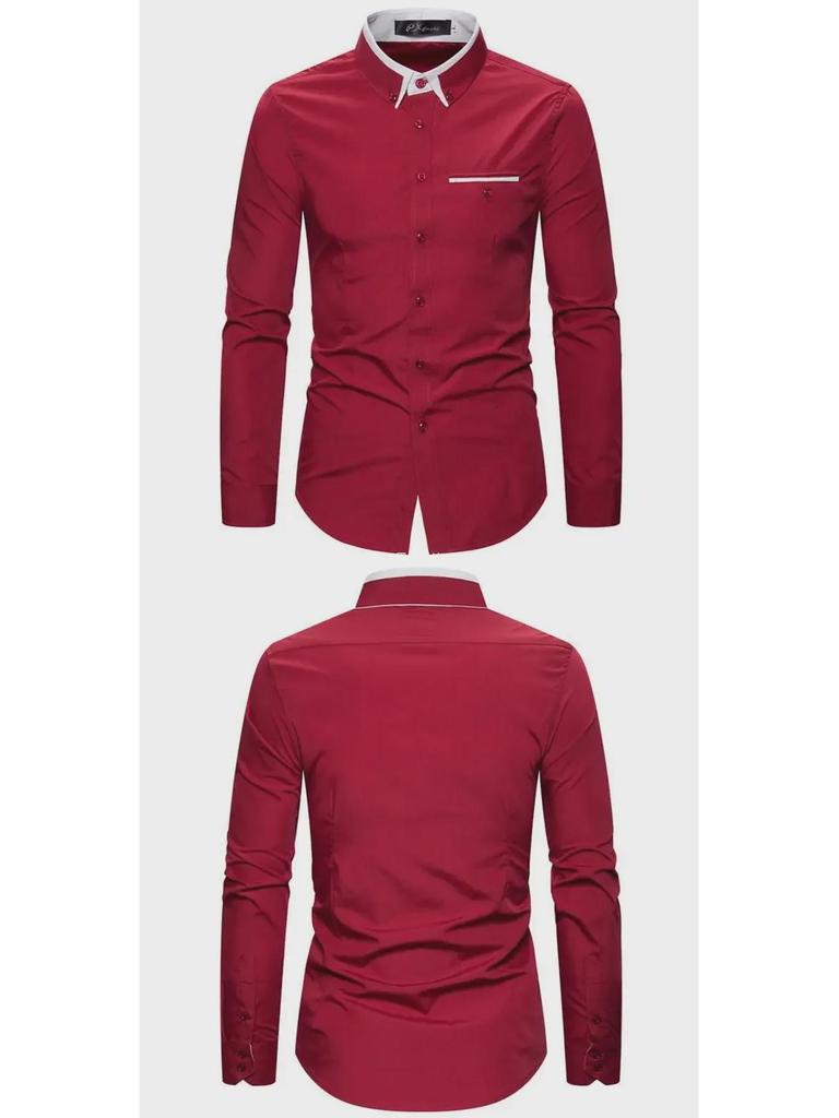 Men's Autumn Fashion Double Collar Solid Color Slim Fit Long Sleeve Shirt