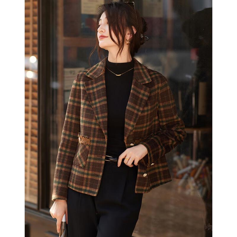 Sishui Nianhua Women's Elegant Plaid Short Wool Blend Coat