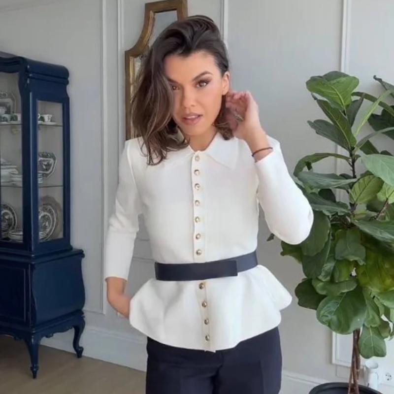 Women's Fashion Knitting Tops White Turn-Down Collar Long Sleeves Single-Breasted Cardigans Female 2025 Spring New Elegant Top