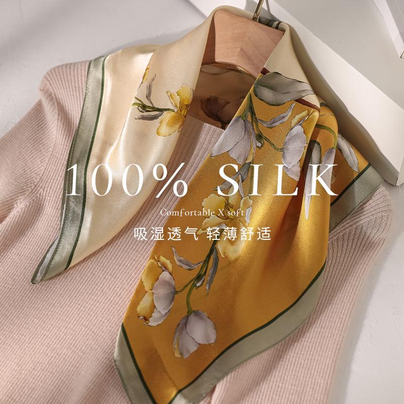 100% Mulberry Silk Silk Scarf Women's Spring and Summer Small Square Scarf Versatile Elegant Retro Printing Sunscreen Shawl Scarf
