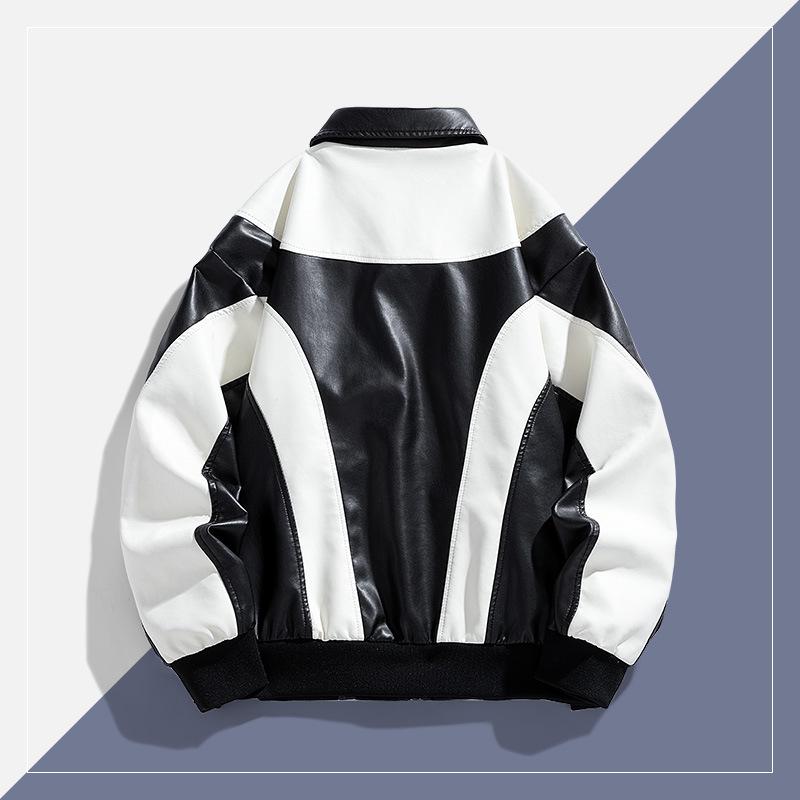 Colorblocking Lockere Revers Gerade Saum PU-Leder Bikerjacke für Herren Winddicht Lässig Motorrad Oberbekleidung für Frühling Herbst
