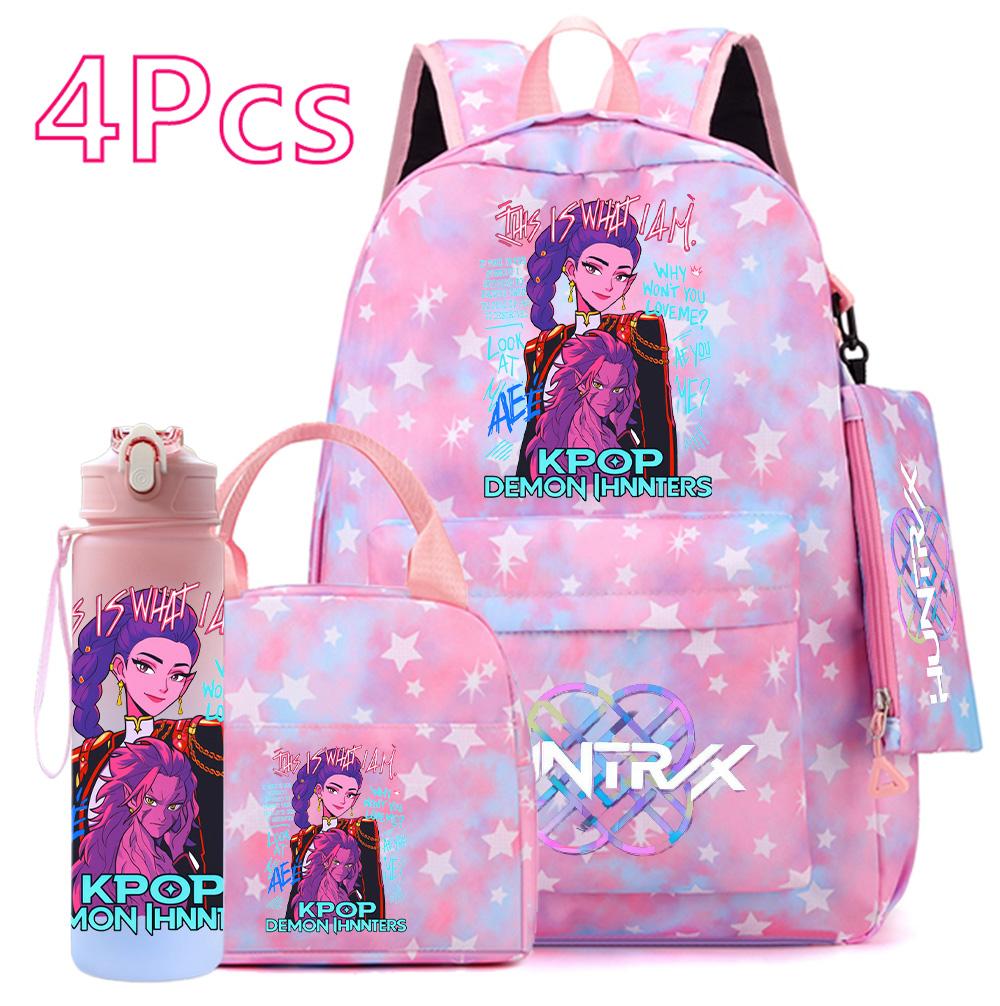 4Pcs/set Anime Cute K-POP Printed Backpack Large Capacity Bookbag HandBag Case Bag with 750ml Water Bottler Boy Girl SchoolBag Waterproof Mochila