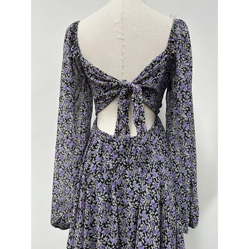 Export Pure Original Spring New Arrival Square Collar High Waist Tight Waist Mini Open Back Chiffon Dress Vacation Beach Dress Female