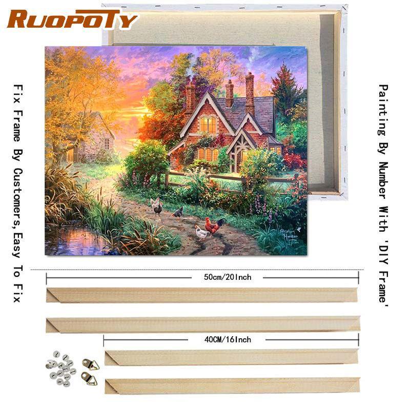RUOPOTY Oil Painting By Numbers Lake Landscape Handpainted Unique Gift Pictures By Numbers Pavilion Spring For Adults Home Decor