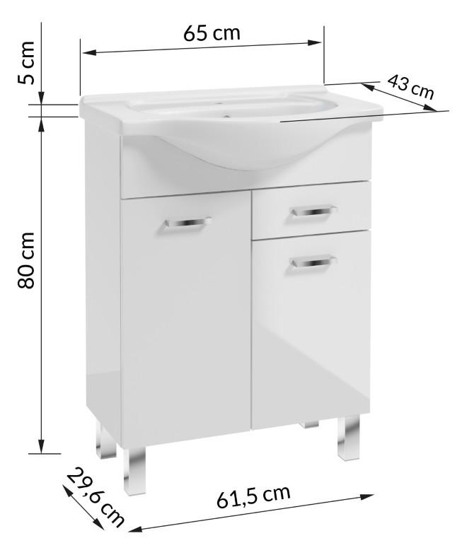 Bathroom cabinet with a washbasin on legs 85x65, standing white Mea with an elongated chrome tap