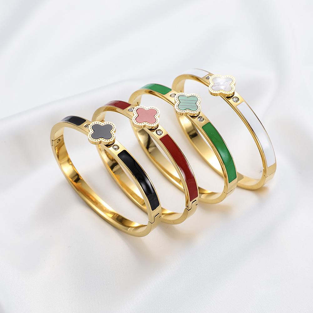 Four-Leaf Clover Bracelet & Ring Set: Titanium Steel, Oil Drip Diamond, Available In Black, White, Red, & Green