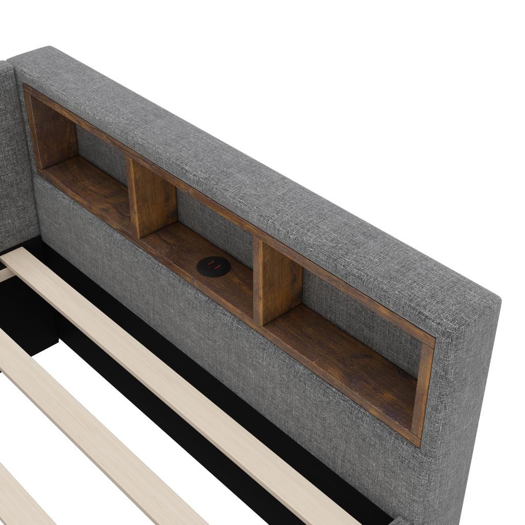 Sofa rozkładane 90x200 cm Dzień łóżko Rozkładane LED USB Type-C Schowek Łóżko wysuwane Stelaż listwowy Lniany Rama łóżka bez materaca