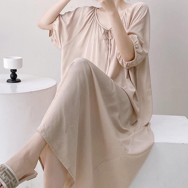 2026 Women's Cotton Silk Nightgown: French Style, Round Neck, Casual, Breathable, Thin V-Neck, Wearable Outdoors