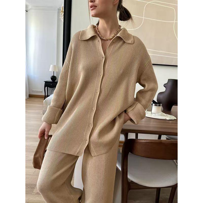 Western Style Fashion Loose Knit Solid Cardigan sweater Trousers Set Sweater and Pants Set