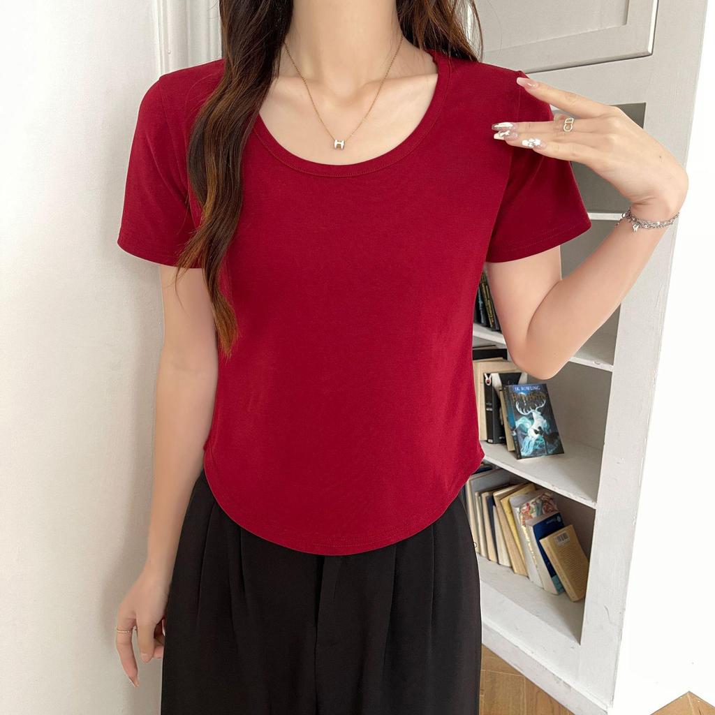 Women's Slim-Fit Pure Cotton U-Neck T-Shirt - Short Sleeve, Versatile Summer Outerwear