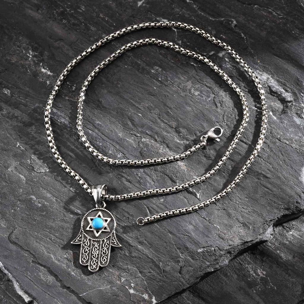 Vintage Fatima Hand Halskette für Männer Jungen, Edelstahl Hexagramm Türkis Anhänger, Punk Schmuck Geschenk