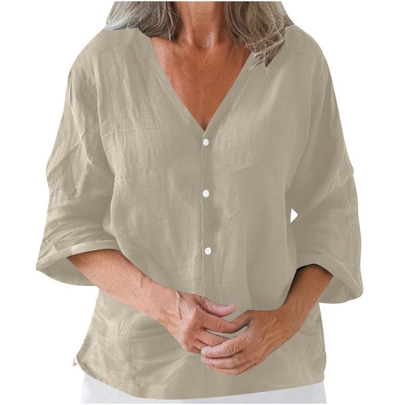 QICED Women's Fashion Casual Solid Color Print 3/4 Sleeves V Neck Blouses & Shirts