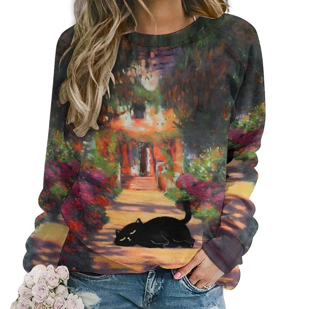 Cute Cat Floral Sweatshirts Flower 3D Print Women New O-Neck Hoodies Casual Streetwear Y2k Pullovers Harajuku Top Woman Clothing