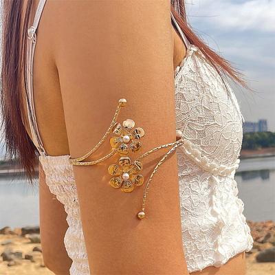 Accessories, Korean Version of Simple Gold Flower Pearl Inlaid Arm Ring, Retro Exaggerated Bracelet for Women