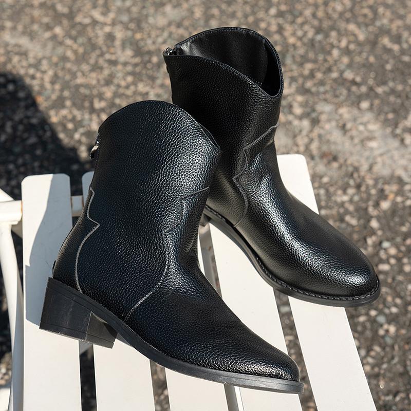 Fashion Vintage Black Pointed Toe Western Boots Women Slip On Thick Heels Ankle Boots Woman Back Zipper Autumn Winter Botas Mujer 36-42