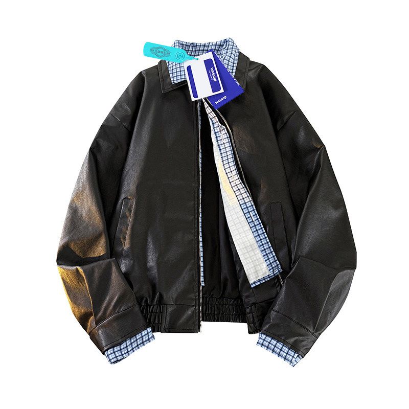 Wassup Autumn American Style Short Plaid Fake Two-Piece Lapel Jacket Men's Loose Casual Fashion Versatile Coat