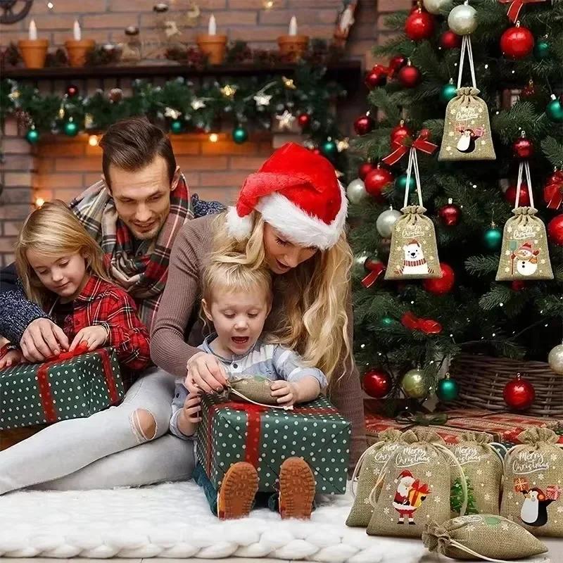 1-30Pcs Christmas Linen Bags Cartoon Santa Claus Snowman Candy Gifts Drawstring Bag for Xmas Party Packaging Storage Pouches