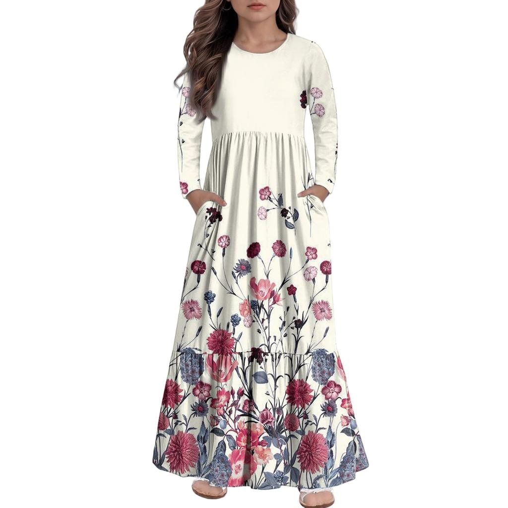 Girls' Maxi Dress Casual Holiday Dresses - Long Sleeve Dress With Pockets For 4-14Y
