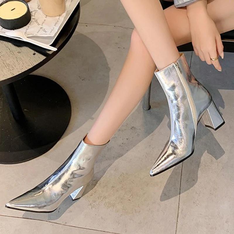 Tocuri înalte glezna cizme femei sexy vârful ascuțit pantofi groși la modă tocuri de iarnă tendință de lux rochie nouă femeie zăpadă scurtă cizme