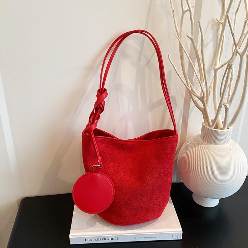 Fashion Solid Color Suede Bucket Bags Large Capacity Buckle Underarm Bag Phone Handbags Women
