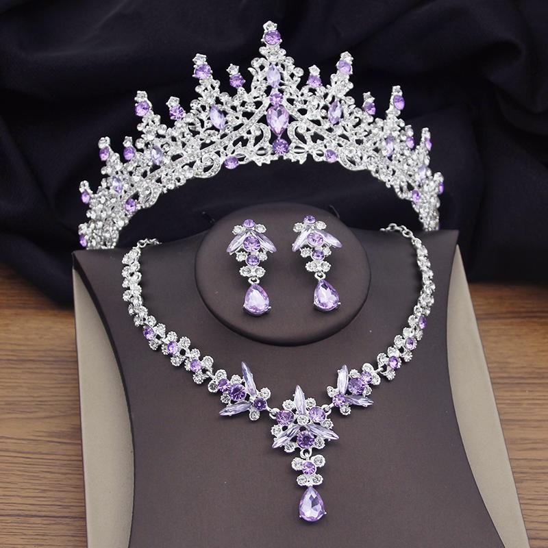 Wunderschöne Lila Kristall Brautschmucksets für Frauen Tiaras Ohrringe Halsketten Set Hochzeitskrone Schmuckset Mode