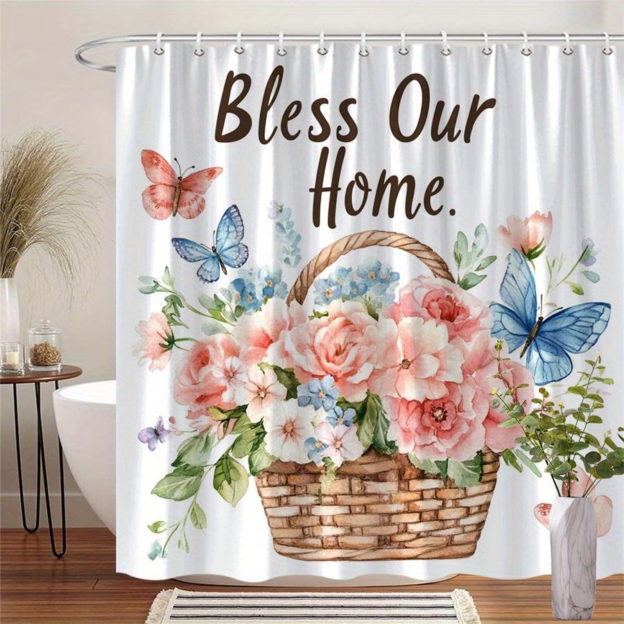 

1Pc Shower Curtain With Pink Roses And Butterflies Pattern, Polyester Fabric, Machine Washable, Suitable For Bathroom Decoration W60H190(CM)-1 Pcs